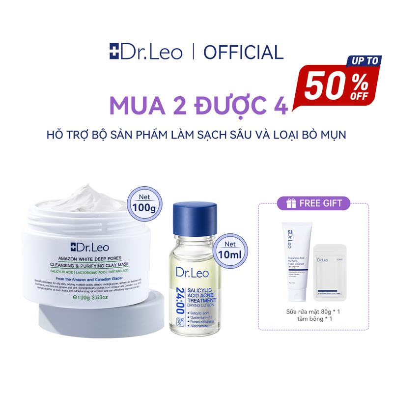 Dr.Leo Bộ Làm Sạch Mụn Tinh Chất Tẩy Mụn 10ml Hỗ trợ Làm Sạch Mụn + Mặt Nạ Bùn 100g Làm Sạch Sâu Hỗ trợ Giảm Mụn Dầu Den Kiểm Soát Dầu +Sữa Rửa Mặt Thanh Lọc Glucoside Polyamide Chăm Sóc Da Mặt Skincare Trà