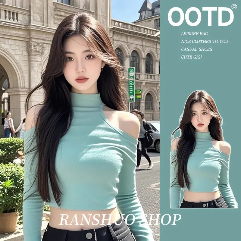 Pure Desire Spicy Girl Off-Shoulder Unique Exquisite Small Top Women Autumn Winter Short Slim Fit Long Sleeve T-Shirt Half High Neck Base Shirt elena  gilbert  tank  top baju  polyester  contoh