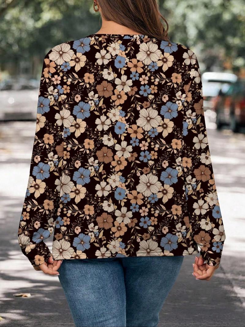 Product Introduction of 【Plus Size】 Floral Print Round Neck Tee, Casual Long Sleeve T-shirt for Daily Wear, Women Plus Clothing for Spring 2
