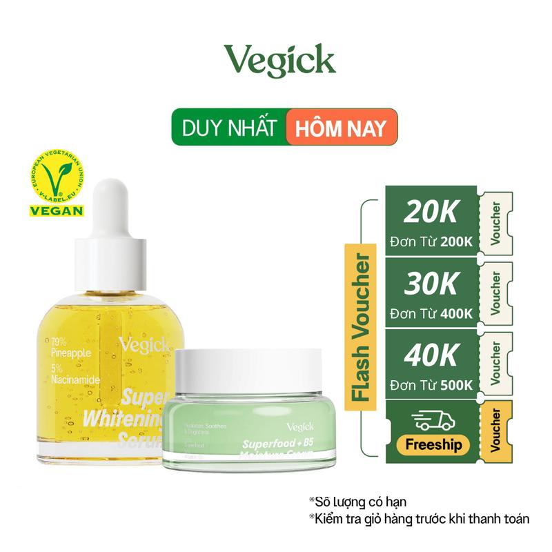 Bộ Đôi Kem Dưỡng Ẩm Thuần Chay Làm Dịu Da Nhạy Cảm Vegick Superfood + B5 Moisture Cream 50ml & Tinh Chất Dứa Hỗ Trợ Dưỡng Trắng Vegick  Super Whitening Serum 30ml