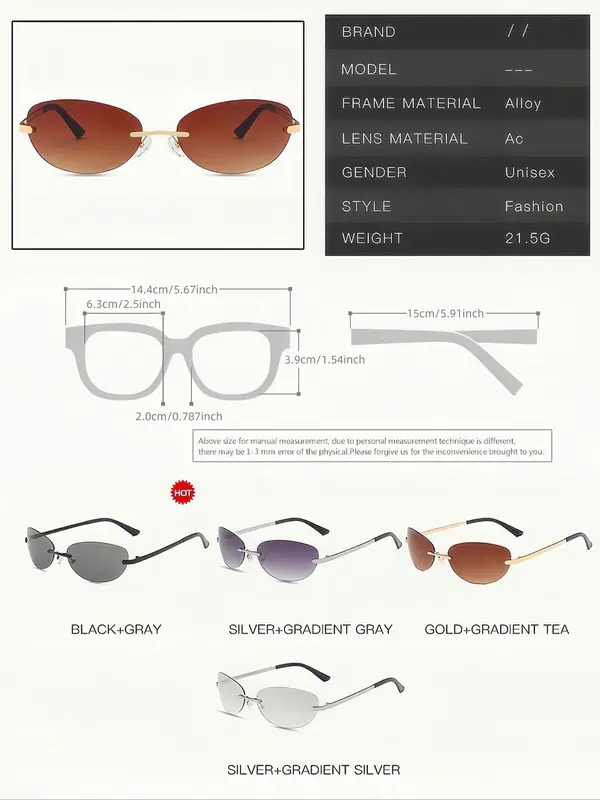 Unisex Simple Style Tinted Lens Oval Frame Sunglasses, Trendy Casual Rimless Sunglasses for Everyday Use, Fashion Accessories for Outdoor Activities 7