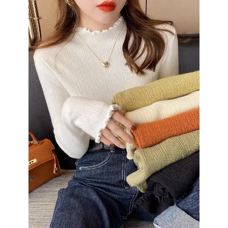 Áo Lót Selvedge Dây, Hàng Mới Về, Dáng Ôm, Áo Khoác Dệt Kim Nữ, Cổ Lọ Nửa, Áo Len Mỏng Hợp Xu hướng Có Thể Mặc Bên Trong Top Màu Đen