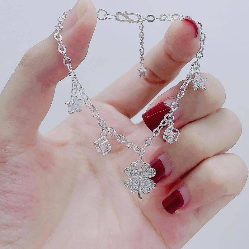 Lắc tay cỏ bốn lá Bạc ta , lắc tay treo charm - Vàng bạc Khải Khải