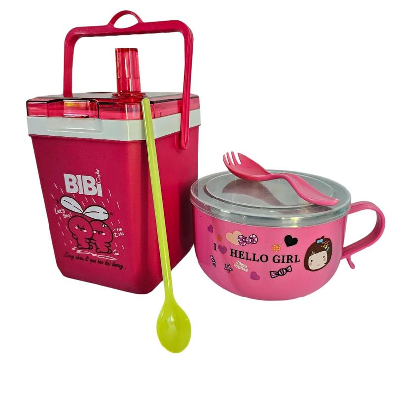 Combo thùng đá mini BiBi 1.2L+ Ca mì giữ nhiệt có quai cầm có nắp đậy chống nóng kèm muỗng