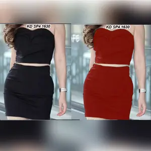 1630 Set Wanita Dewasa Sexy Atasan Kemben Bawahan Rok Mini Hitam Merah - Setelan Baju Crop Party Nyanyi LC Pesta Kerja scuba Stretch