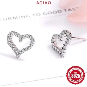 AGIAO Anting Perak Elegan Manis Gaya Korea Berhias Berlian Berbentuk Hati S925 Untuk Wanita
