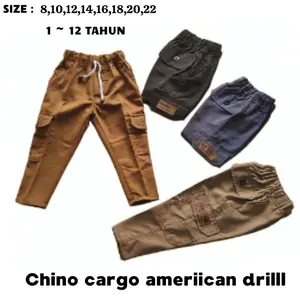 Celana Chinos Panjang Chino Cargo Anak unisex Cowok-Cewek 1-12Tahun Katun Hitam Abu Kancing