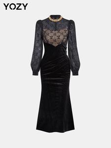 YOZY Women's Rhinestone Decor Velvet Mermaid Dress, Elegant Bishop Sleeve Mock Neck Midi Dress for Party & Banquet, Women's Clothing for Fall & Winter