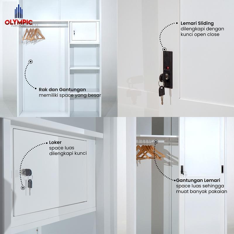 Olymsteel OSWS WIMBLEDON / Lemari Sliding Pakaian Besi / Steel Wardrobe / Lemari Penyimpanan / Putih Modern Minimalis 5