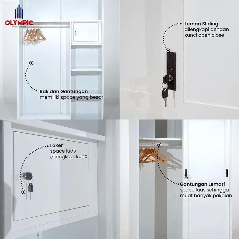 Olymsteel OSWS WIMBLEDON / Lemari Sliding Pakaian Besi / Steel Wardrobe / Lemari Penyimpanan / Putih Modern Minimalis 5