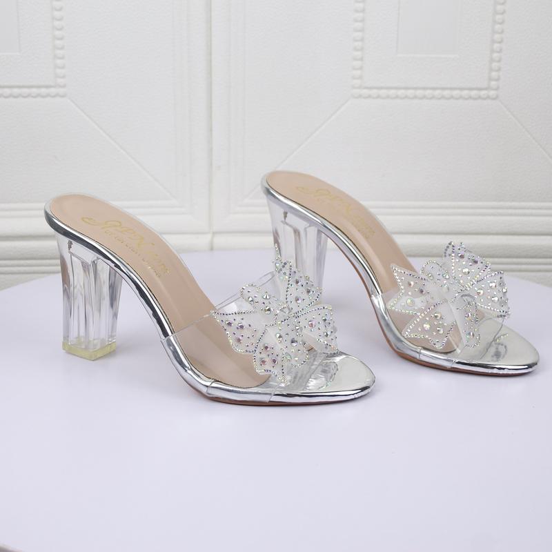 Guốc phom nhỏ - Guốc cao gót vuông trong 7p 9p quai trong kết nơ đính đá lấp lánh - G22 DéP Nữ Shoes Nhung Cao Su GiàY