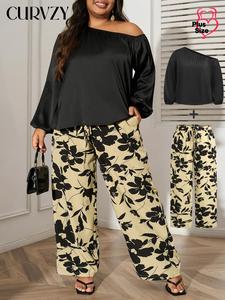 CURVZY Plus Size Autumn Aesthetic Two-Piece Set Asymmetrical Neck Blouse & Leaf Print Tie Front Wide Leg Pants, Casual Bishop Sleeve Top & Pocket Trousers for Daily Wear, Women's Two-piece Outfits for Spring & Fall