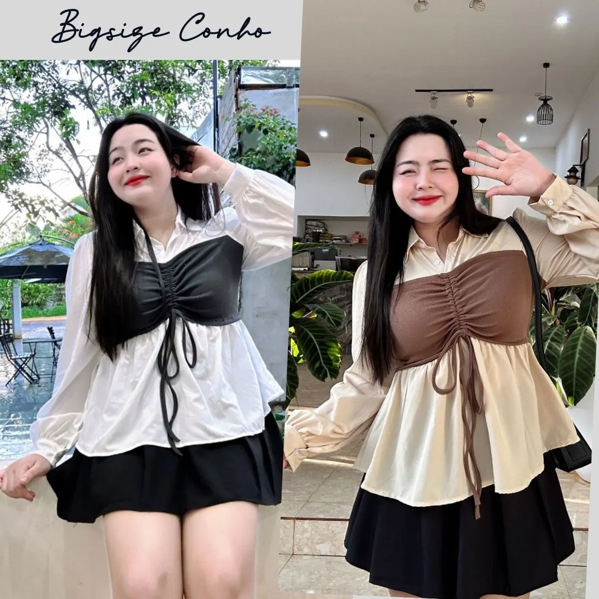 Áo Sơ Mi Kiểu Hot Trend Tay Phồng Phối 2 Màu Dây Rút Trước Xinh Xắn Vải Xoa Mềm SM43 Top Cổ Tròn