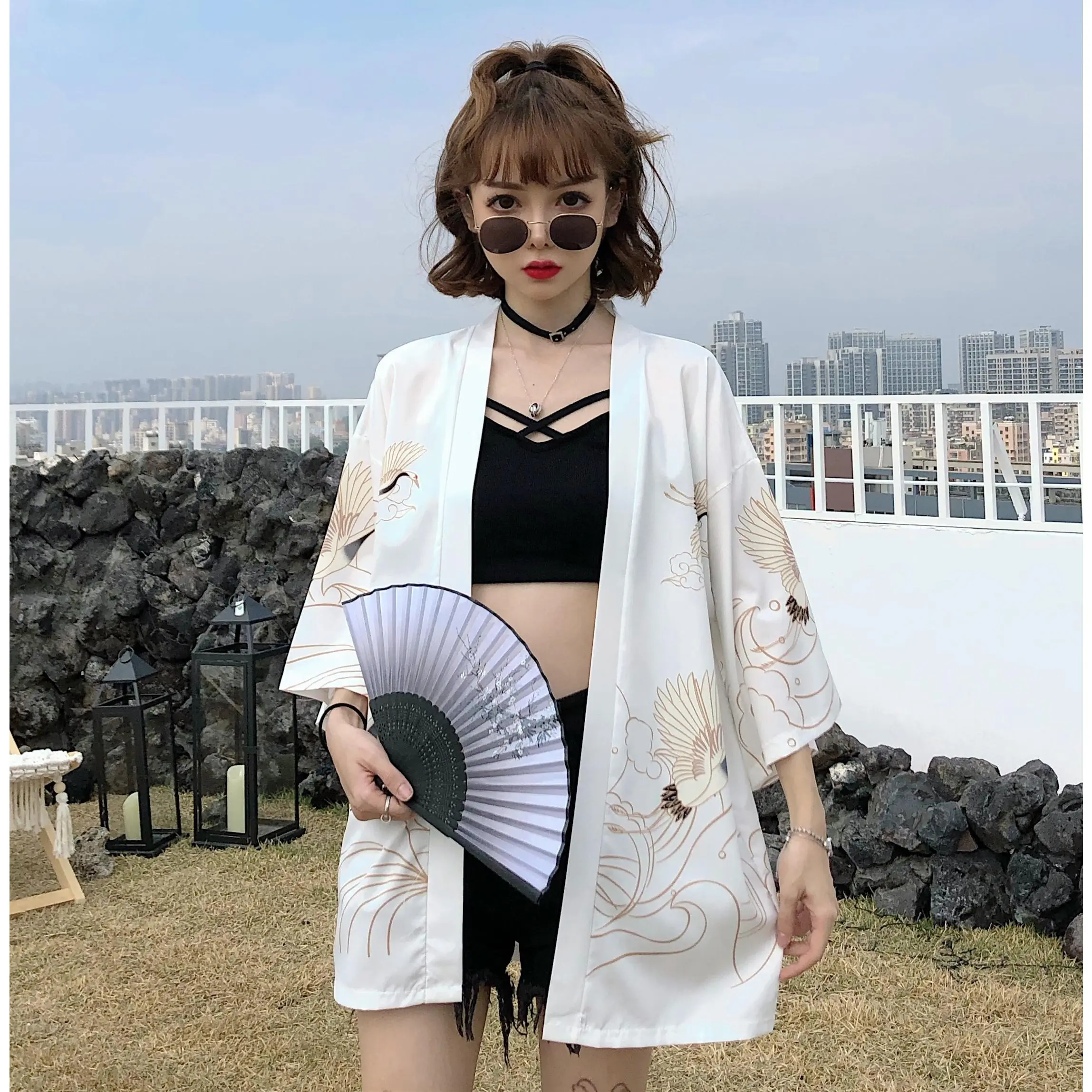 Golden Crane Robe Japanese Kimono Feather Weave Three-Quarter Sleeve Chinese Style Cardigan Sunscreen Hanfu