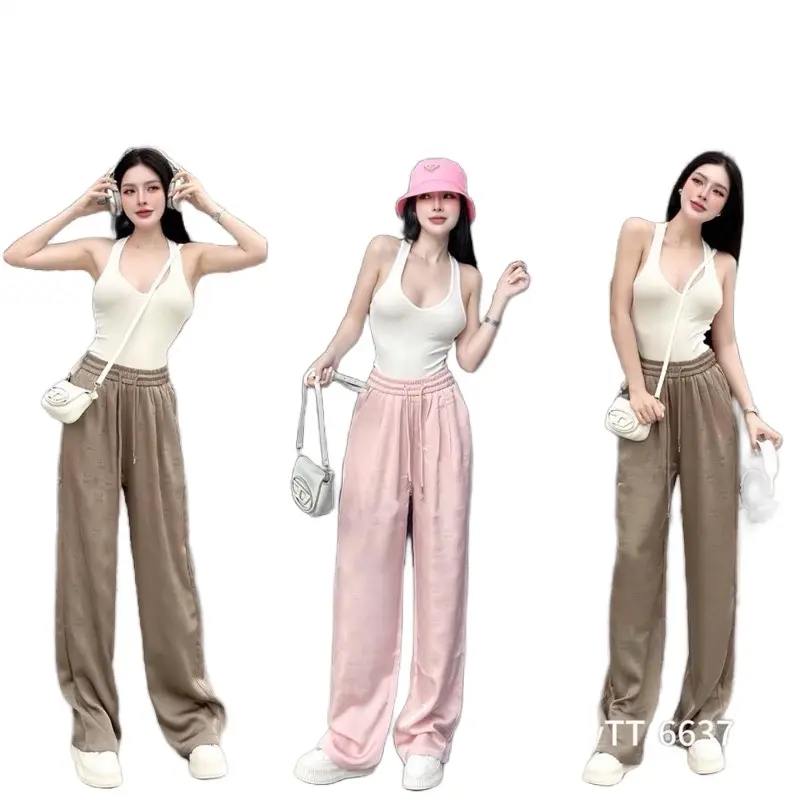 Quần lụa ống rộng dáng dài suông dập chìm chữ min cho nữ Mùa Hè Miu Siêu Đẹp Hàng Chuẩn women pants Ong Đen/hồng/trắng sữa Nhung 4