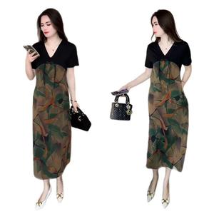 เดรสยาวปานกลางสำหรับผู้หญิง ขายดี เดรสทรงตรง ทรงหลวม ซ่อนท้อง เดรสเย็บปะติดปะต่อกันมีสไตล์ ฤดูร้อน 2025 มาใหม่