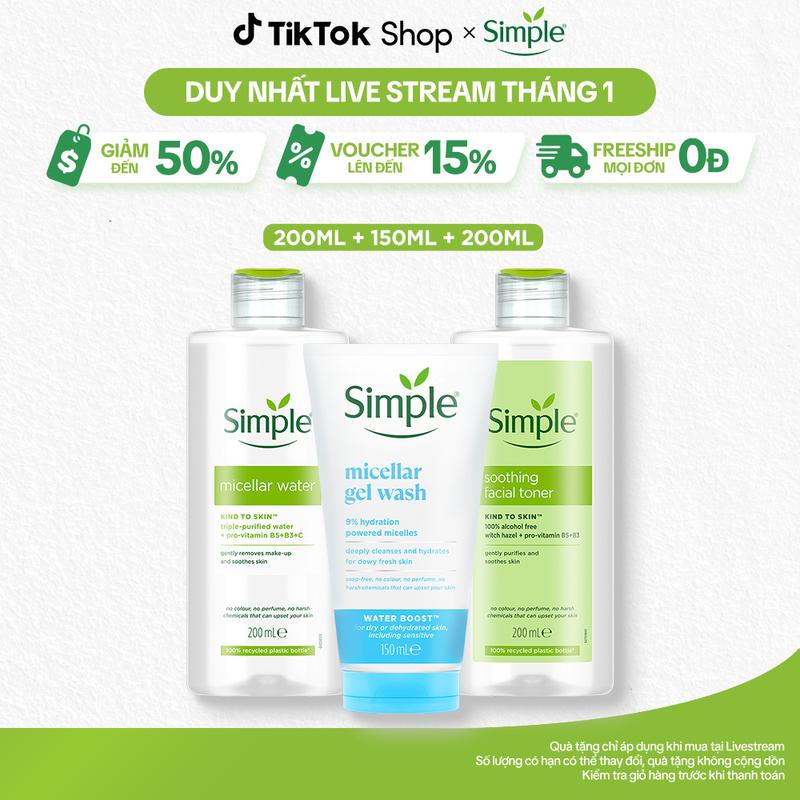 3 FS Combo 3 Sữa Rửa Mặt Simple làm sạch cấp ẩm sâu đa tầng 150ml Nước hoa hồng SIMPLE không chứa cồn dưỡng ẩm và cân bằng độ ẩm 200ml và Nước tẩy trang Simple 200ml