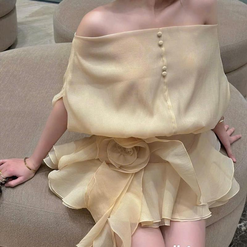Jump Váy Voan Tơ Trễ Vai Cúc Bọc Hở Lưng Đính Hoa Tiểu Thư Form Khoá Kéo