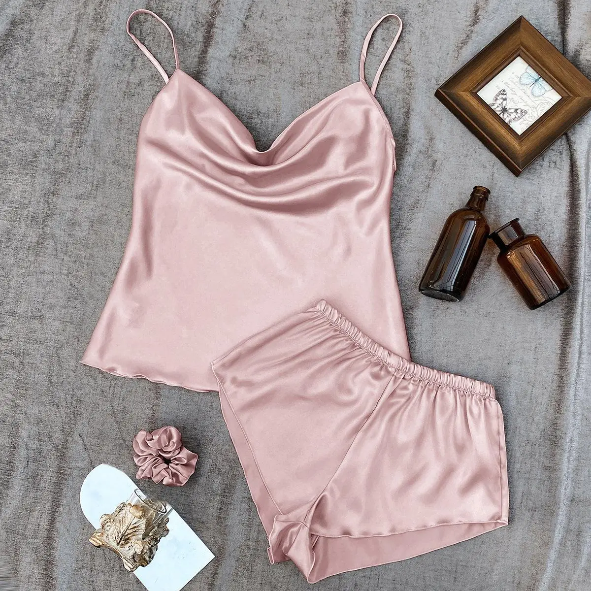Solid Color Ice Silk Pajamas Women's Suit