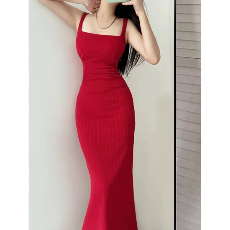 7861 summer korean red long dress fitted backless formal prom dress elegant sexy cocktail christmas dress 1