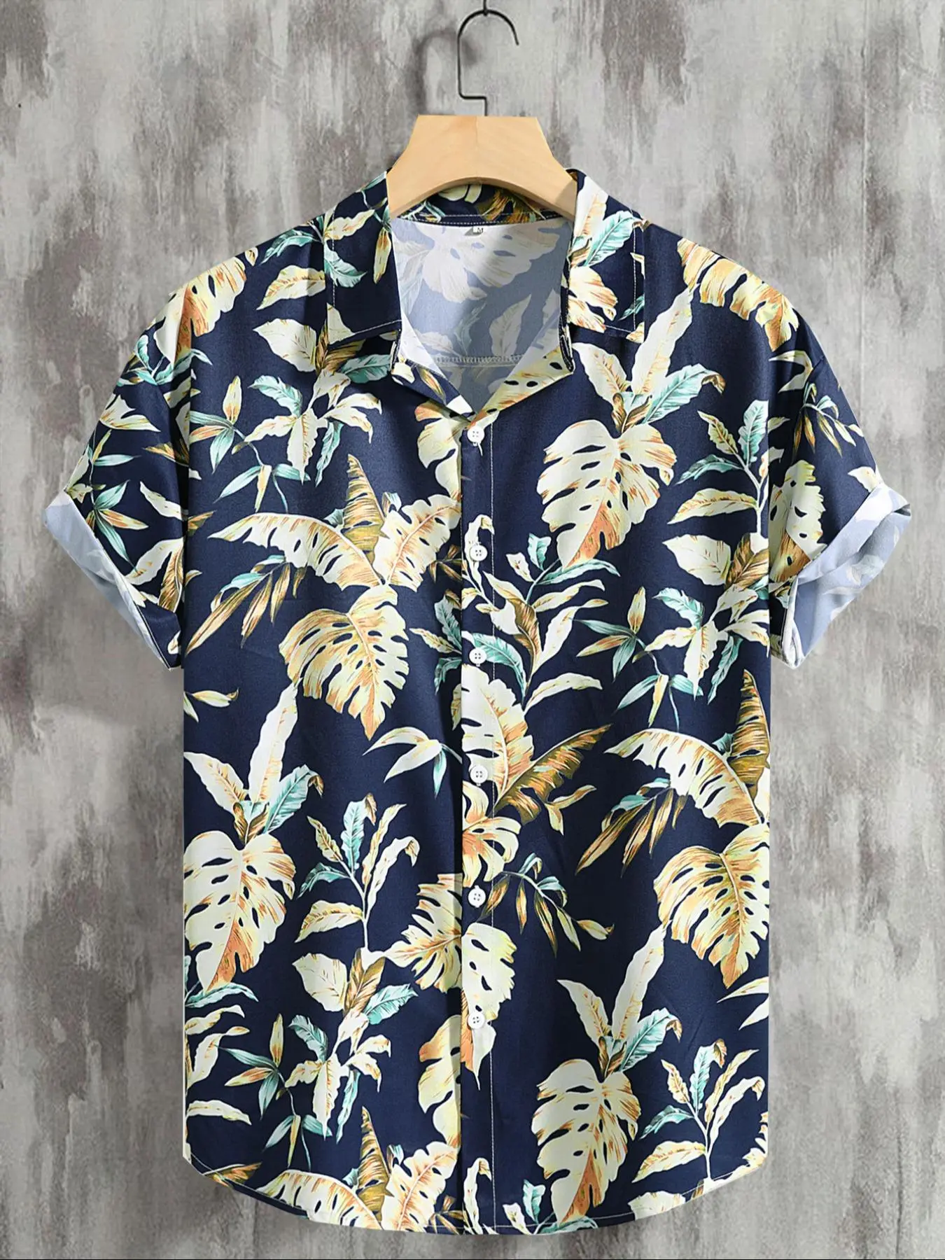 Men's Leaf Print Short Sleeve Shirt, Regular Fit Casual Button Down Top for Summer, Men's Clothes for Beach Vacation