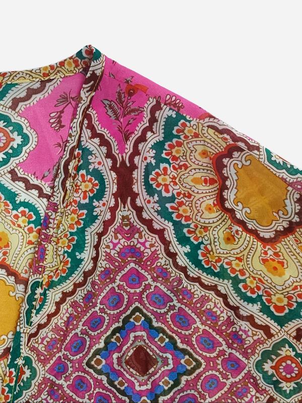 Two-Piece Set Women's Boho Summer Sets, Summer Clothes for Women, Co Ord Set Summer, Ethnic Pattern Kimono & Wide Leg Pants, Summer Outfits 2024, Open Front Top with Palazzo Pants, Two Piece Set Clothing 8