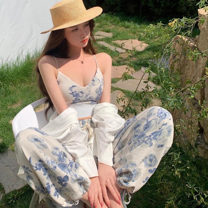 Product Introduction of Women 2 Pieces Temperament Outfits, Floral Print V-Neck Spaghetti Strap Camisole + Drawstring Elastic Waist Long Pants Set 22
