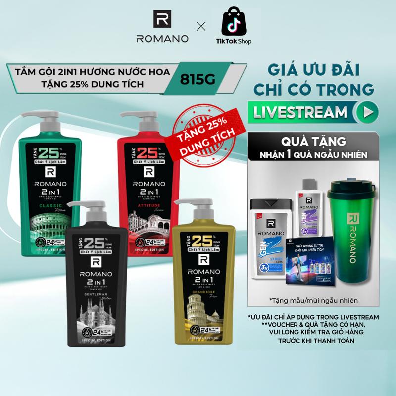   ĐỘC QUYỀN KOL  -  THÊM 25% GIÁ KHÔNG ĐÔI  Dầu   Tắm Gội Hương Nước Hoa Nam Tính Romano 650g Tăng 25%- 4 Mùi Hương 