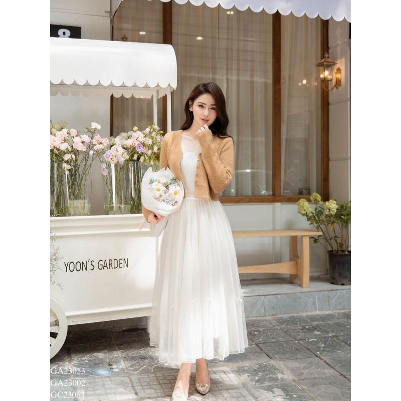 Chân váy xếp ly midi dáng dài chất voan đính nơ hai màu freesize Tiin Store GC23063