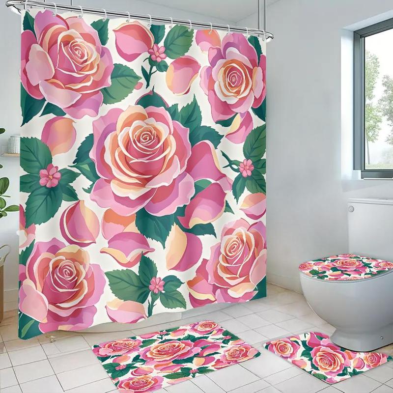 Product Introduction of Rose Pattern Bathroom Accessories, 4 Counts/set Including Shower Curtain & Toilet U-shape Mat & Rectangular Mat & Toilet Lid Cover, Bathroom Decor Supplies 0