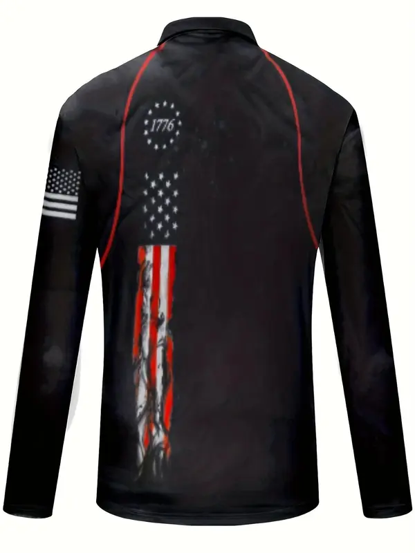 Men's Star & Figure Print Zip Up Polo Shirt, Casual Raglan Sleeve Collared Top for Daily Outdoor Sport, Fashion Men's Clothes for All Seasons, Streetwear 1