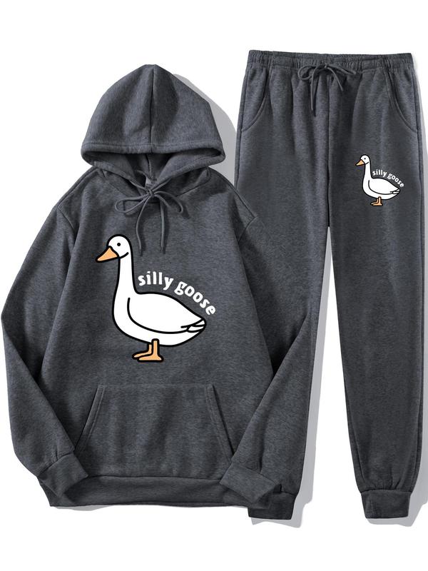 Two Pieces Men's Cartoon Goose Print Drawstring Two-Piece Set, Regular Fit Long Sleeve Pullover & Pocket Pants for Spring & Fall, Men's Outfits for Daily Wear 4