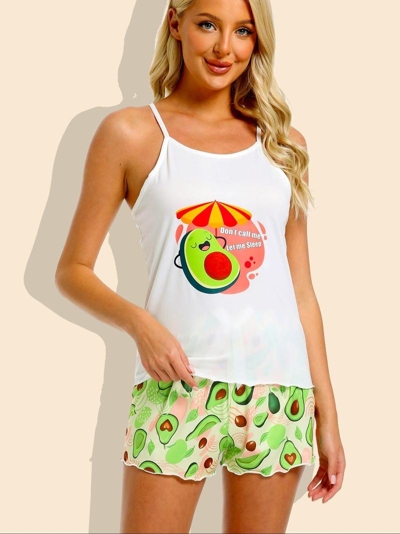 Product Introduction of Women's Avocado Print Cami Top & Shorts Pajama Two-piece Set, Casual Comfortable Loungewear Set for Women, Ladies Sleepwear for All Seasons 3