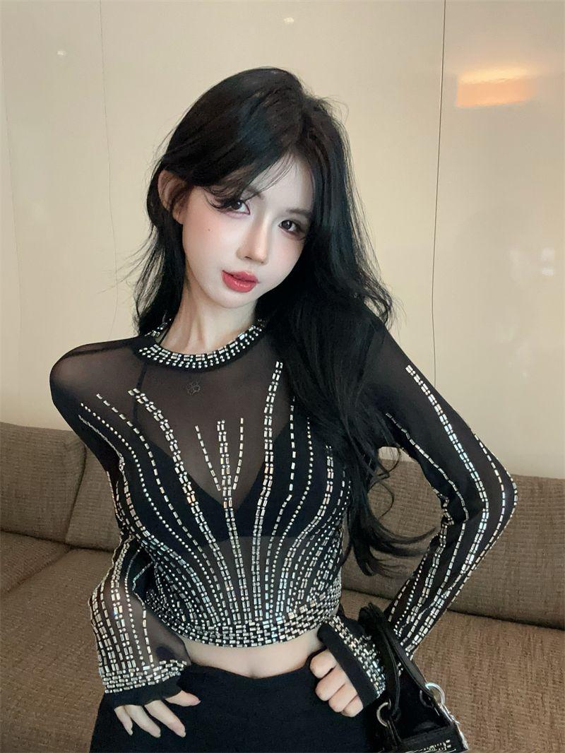 Product Introduction of Affordable Luxury Style Heavy Embroidery Hot Drilling Slim-Fit Short Long Sleeve Bottoming Shirt American Sexy See-through Sweet Cool Girl Mesh T-shirt Women 16