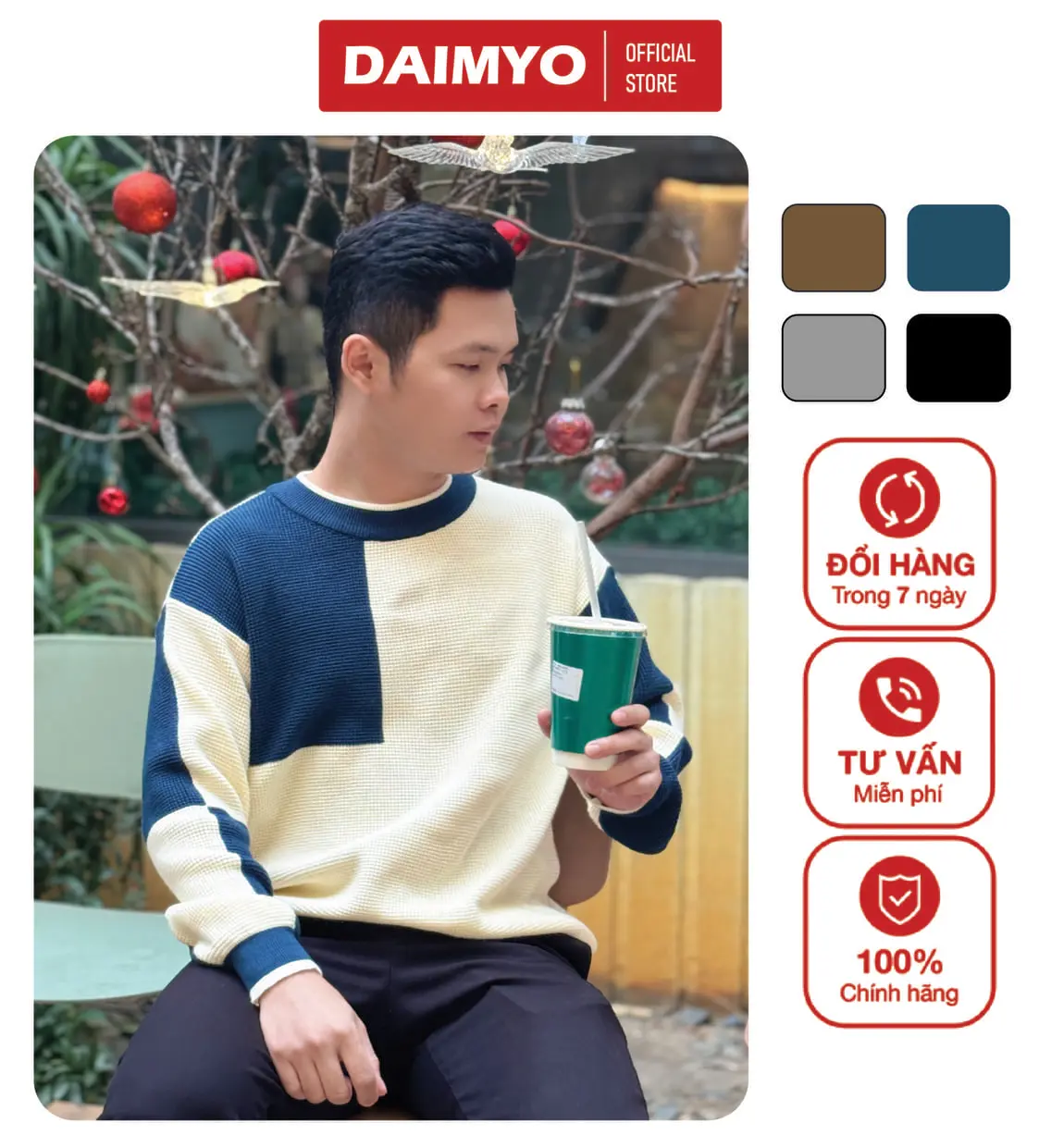 Áo Len Ô Vuông, Menswear, DAIMYO, Cổ Tròn, Kiểu Dáng Hàn Quốc, Chất Len Dày Dặn, Không Xù, Form Chuẩn