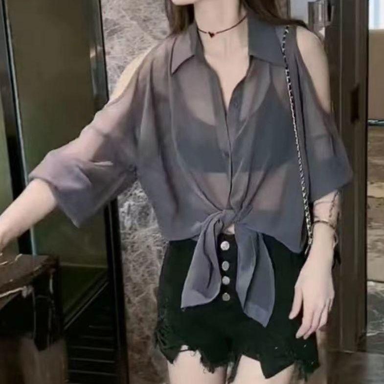 Product Introduction of Áo Voan Trễ Vai Thiết Kế Đẹp Cho Nữ, Thích Hợp Cho Mùa Hè, Mỏng Và Thoáng Khí, Áo Khoác Cardigan, Độc Đáo Và Thanh Lịch, Hàng Mới Về Năm 2024 Top Women Sơ Mi 3