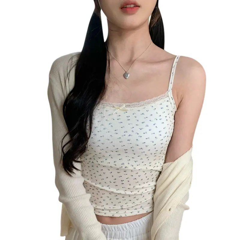 Women's Lace Trim Cami Tank Tops Sleeveless Spaghetti Strap Floral Print Camisole with Built-in Bra
