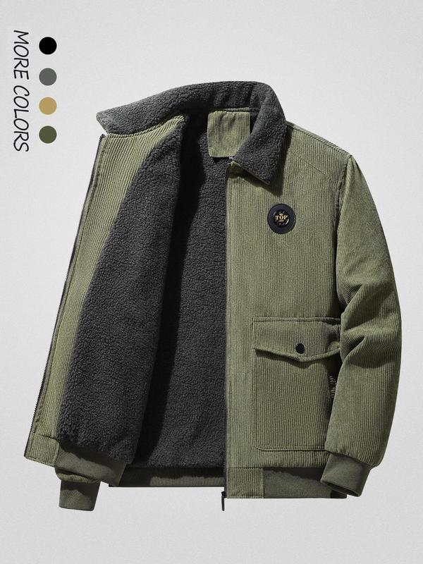 Men's Regular Fit Solid Patched Pocket Fleece Jacket, Casual Long Sleeve Zip Up Outerwear for Winter, Men's Clothes for Daily Wear 4
