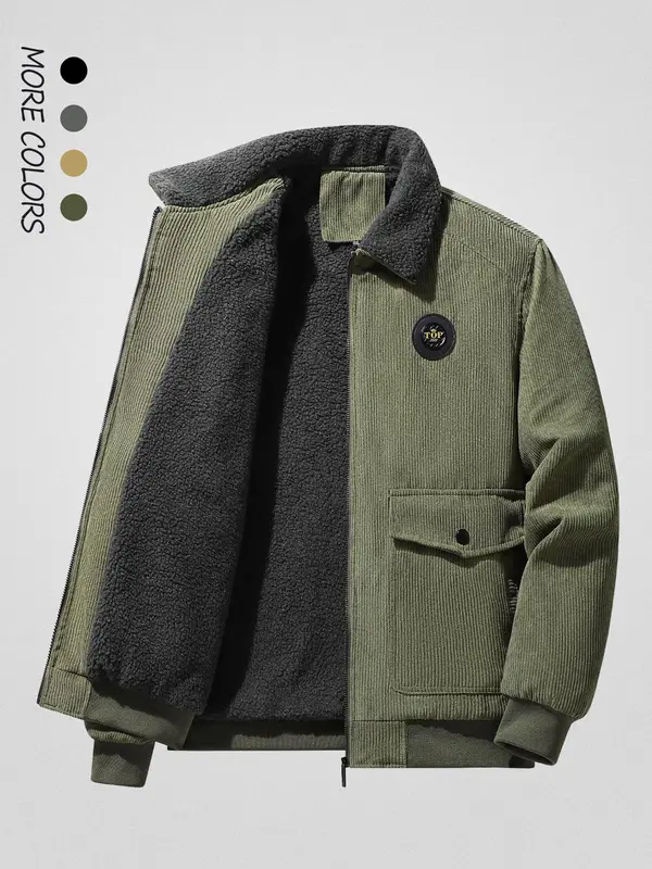Men's Regular Fit Solid Patched Pocket Fleece Jacket, Casual Long Sleeve Zip Up Outerwear for Winter, Men's Clothes for Daily Wear 4