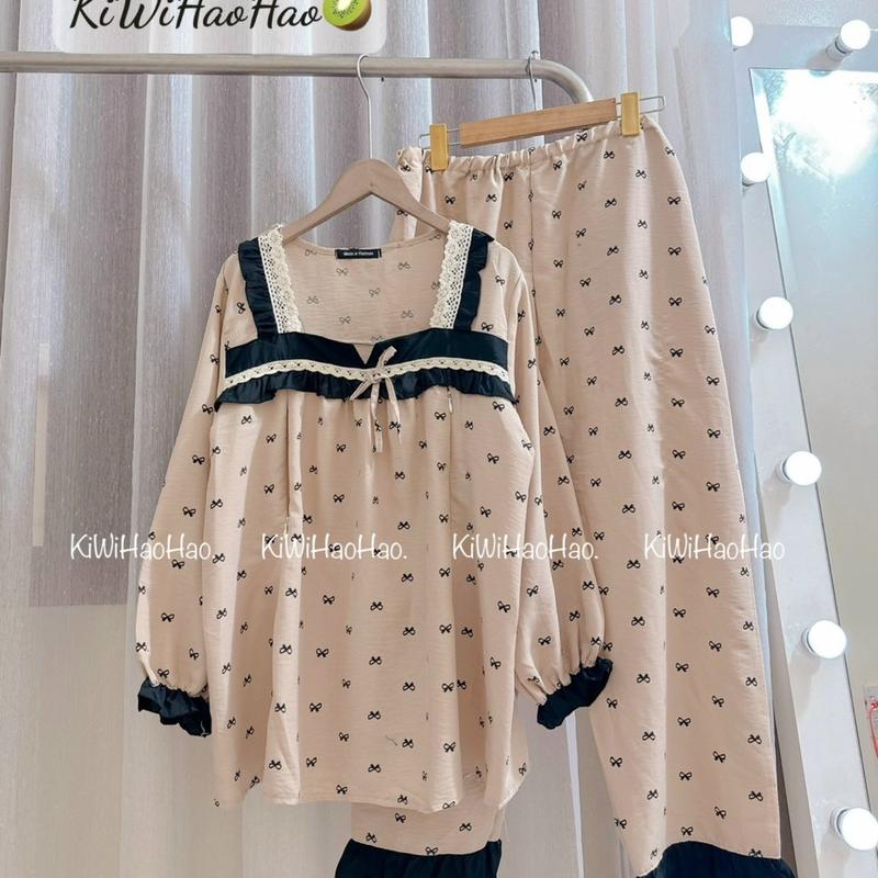 Bộ bầu - bộ sau sinh - BỘ ĐŨI NHĂN DÀI HÌNH NƠ CỔ VUÔNG REN - 2 Màu,áo có khóa kéo hai bên,quần có chun chỉnh Tiện Lợi 7
