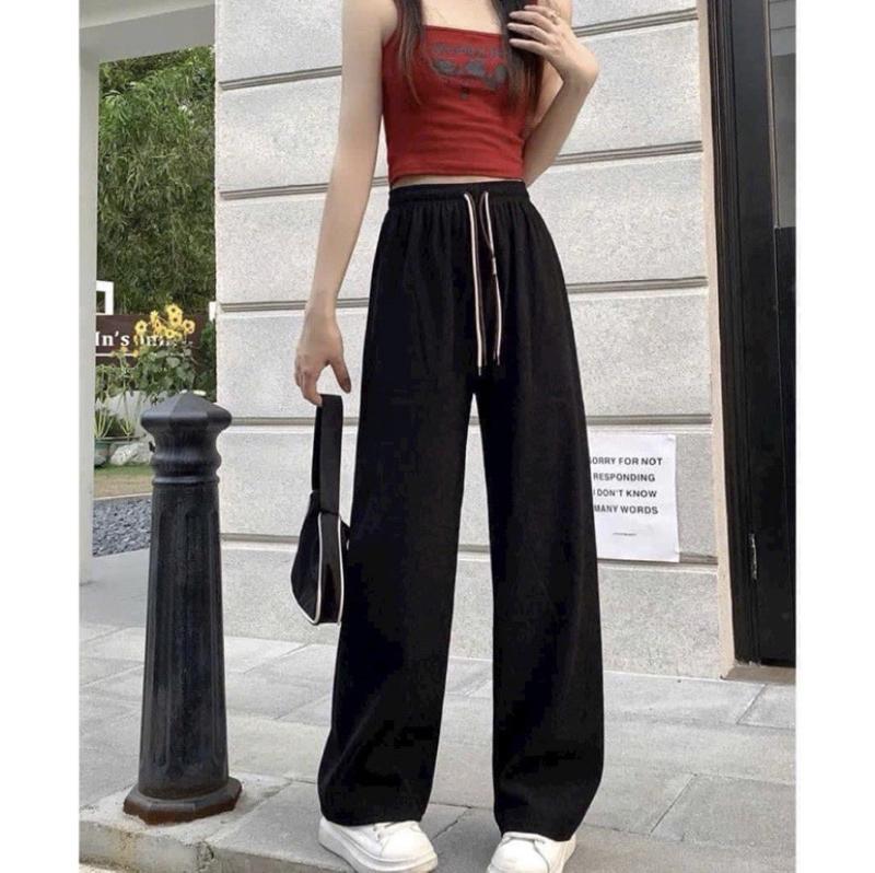 MDQ11 Quần suông ống rộng chất vải len tăm đai chun cạp cao kèm dây rút phối 2 màu cách điệu