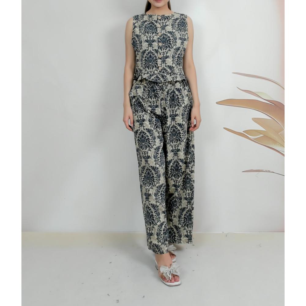 FADFAD Setelan Dua Potong Palsu Atasan Lengan Pendek Kerah V+ Celana Panjang Gaya Korea Terbaru