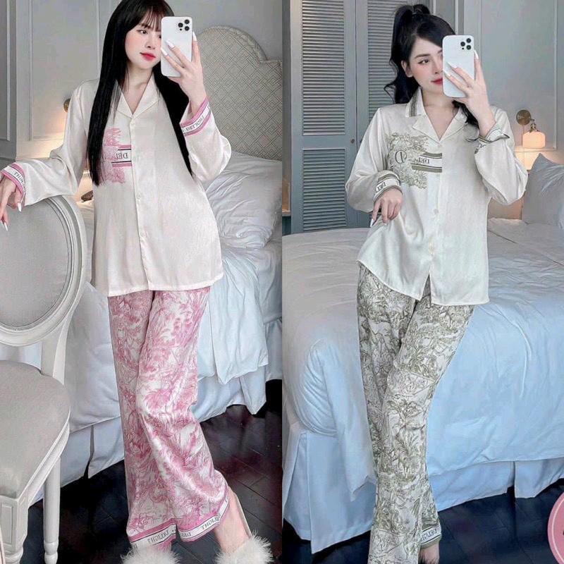 Pijama lụa tơ xước ánh kim cao cấp tay dài màu hồng kẹo ngọt chữ del - Pizama lụa tay dài Kim Tuyến 2