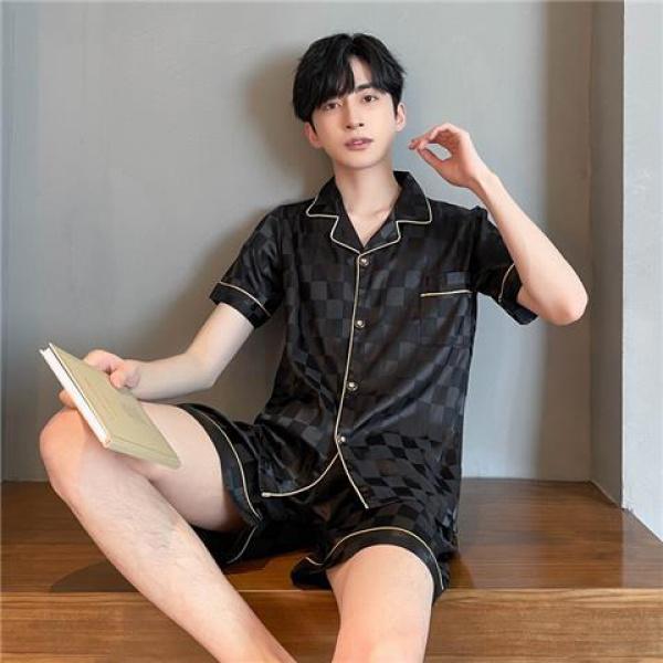 Bộ Đồ Ngủ Lụa Băng Kẻ Sọc Cho Nam, Phong Cách Hàn Quốc, Dáng Rộng, Thường Ngày, Ngắn Tay, 1 Bộ 4