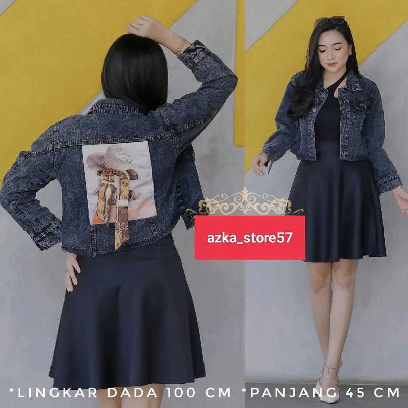 Jaket Crop Jeans Wanita Pita Belakang//Pita Emblem 3D//Jaket jeans Jumbo  Cewek  Denim Oversize Panjang Hitam Blazer 2