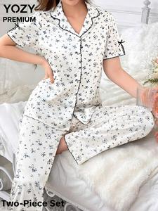 YOZY Women's All Over Ditsy Floral Print Top & Pants Pyjama Two-piece Set, Casual Comfy Short Sleeve Top & Trousers Set, Ladies Summer Sleepwear