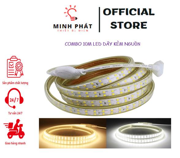 Combo 10m led dây 2835 có nguồn 220V ánh sáng trắng, vàng, xanh dương, xanh lá, hồng, nhiều màu