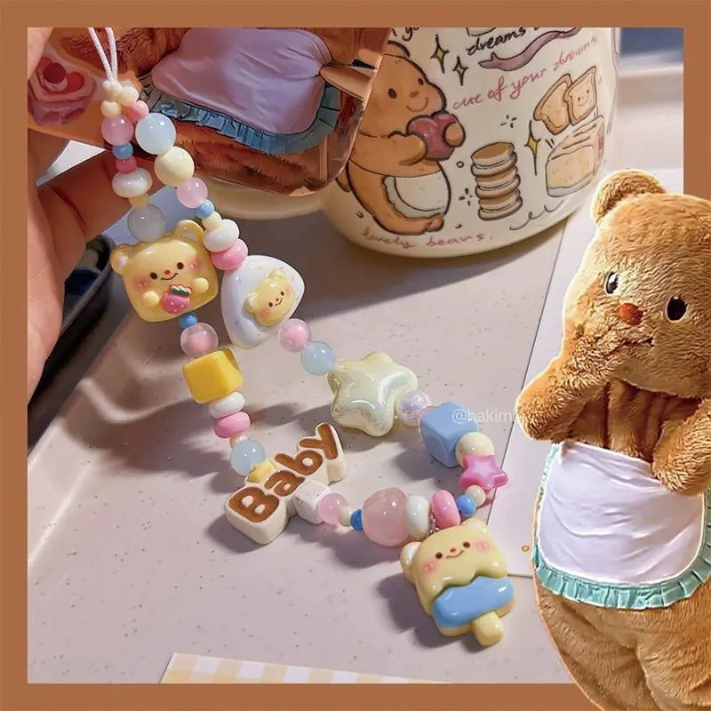 Original Cartoon Cute Butter Bear Beaded Mobile Phone Charm Girl CCD Camera Pendant Decorative Chain Super Cute Carrying Strap bracelets  men bracelet  stack crochet  keychain lovisa  charm indian jewellery far east tennis bracelet co Smartphone Cellphone