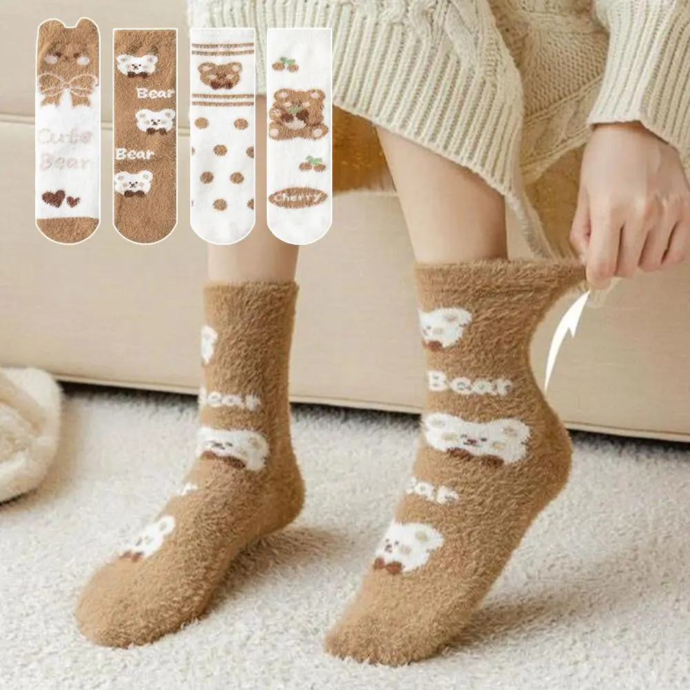 Mid-Calf Plush Socks Women's Home Floor Sleepwear Warm Cartoon Patterned Thick Winter Autumn Seasonal