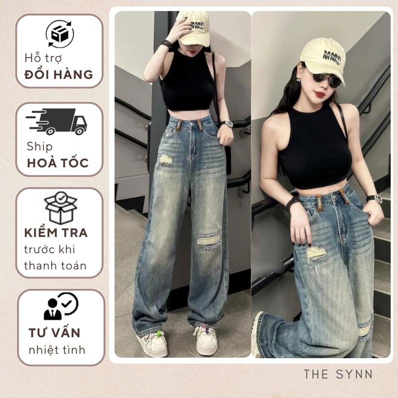 QJ20 S-XL 100-104cm - Quần Jean Nữ Ống Suông Form Rộng Phối Rách Kiểu Màu Xanh Bụi The Synn Women Kem Women Kem